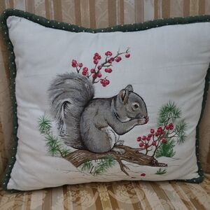 Squirrel Embroidered Throw Pillow Measures 10" inches by 12" Polka Dot Green